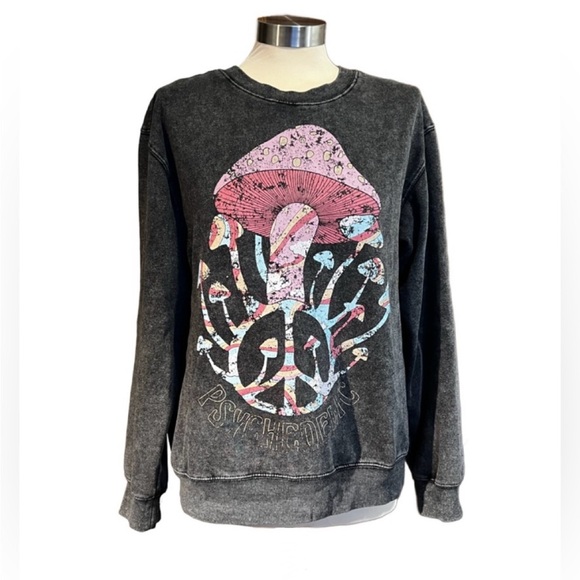 Forever 21 Psychedelic heather grey pink mushroom sweatshirt women’s size Small - Picture 1 of 8